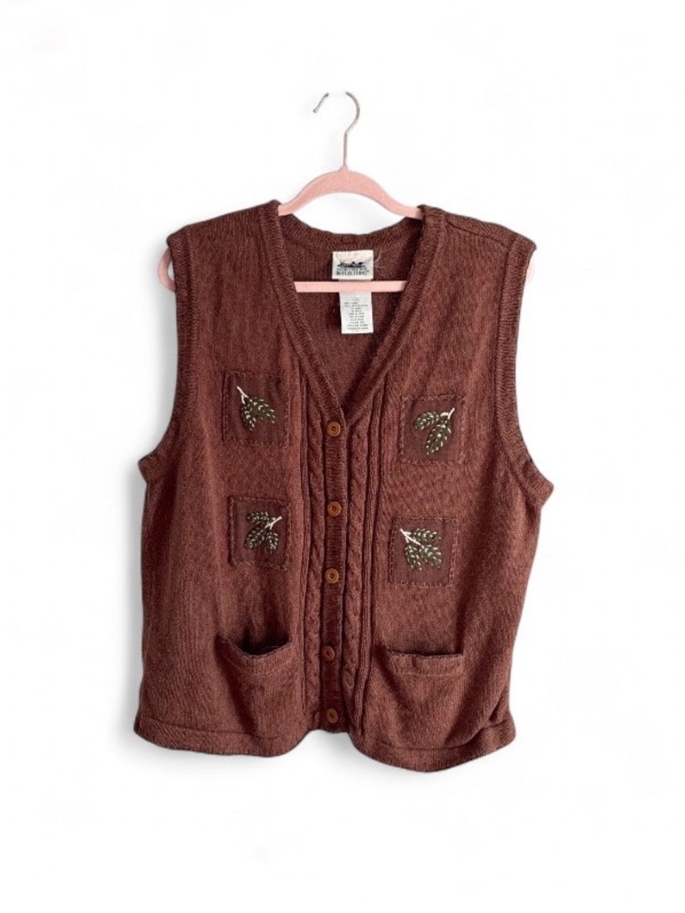 Vintage Leaf Embroidered Brown Knit Vest with Pockets Button Front Granny Sz L